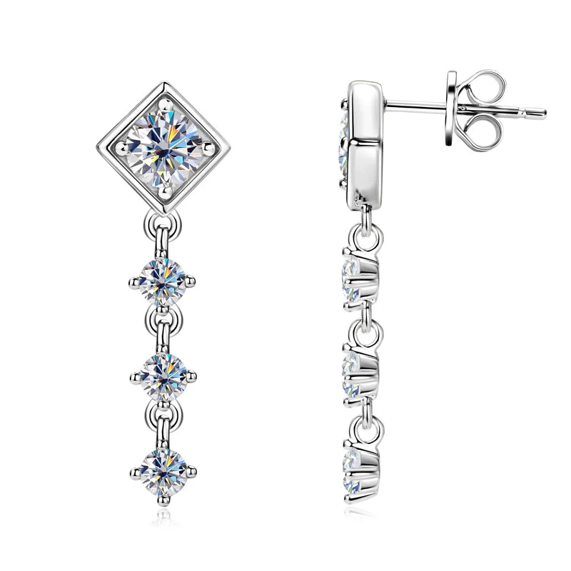 Geometric Moissanite Chain Drop Earrings in Sterling Silver — Silver posts and butterfly backs