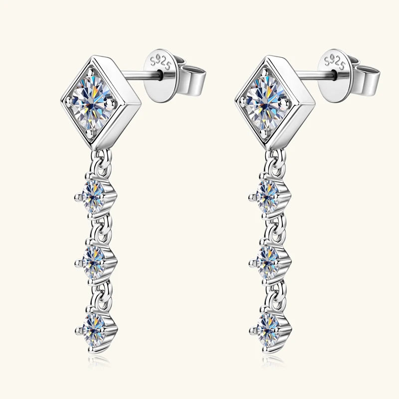 Geometric Moissanite Chain Drop Earrings in Sterling Silver — Silver geometric chain drops