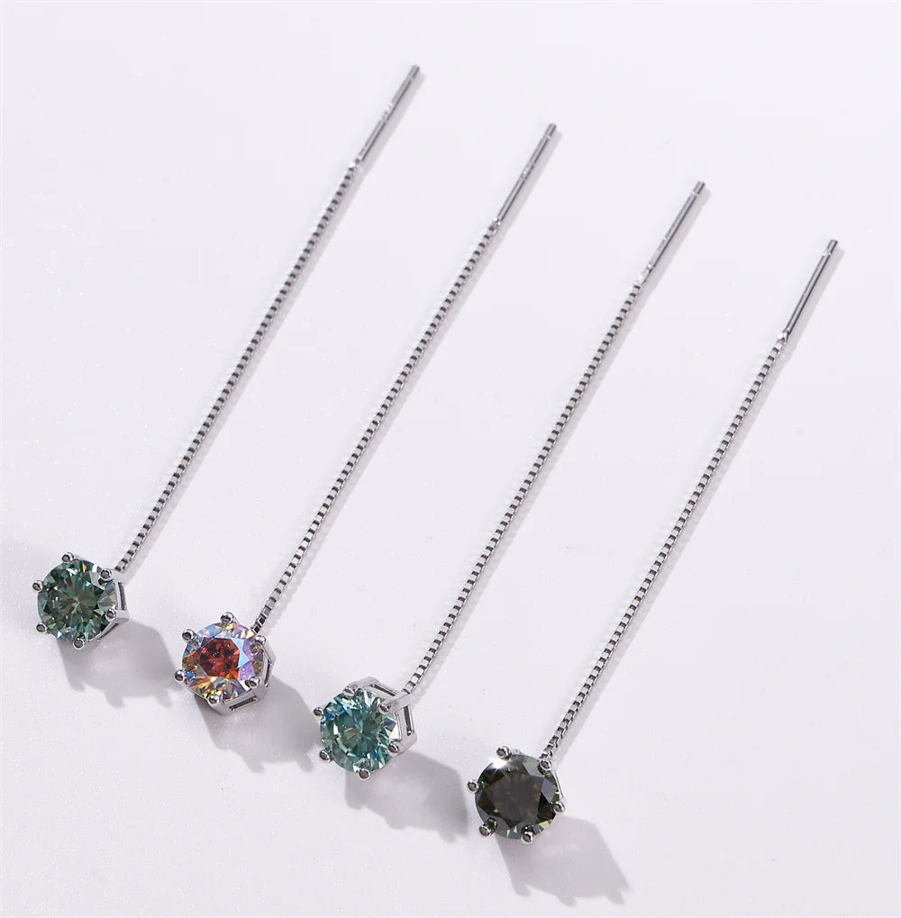 Colored Moissanite Chain Threader Earrings in Sterling Silver - Stone color comparison