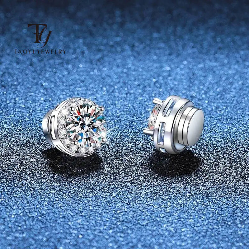 Round Halo Moissanite Non-Pierced Earrings in Silver — Halo earrings and disc backs