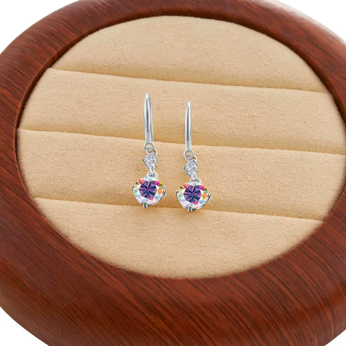 Colorful Moissanite Hook Drop Earrings in Sterling Silver — Purple Multicolor / Silver