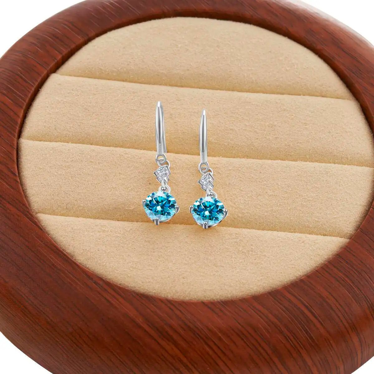 Colorful Moissanite Hook Drop Earrings in Sterling Silver — Sea Blue / Silver