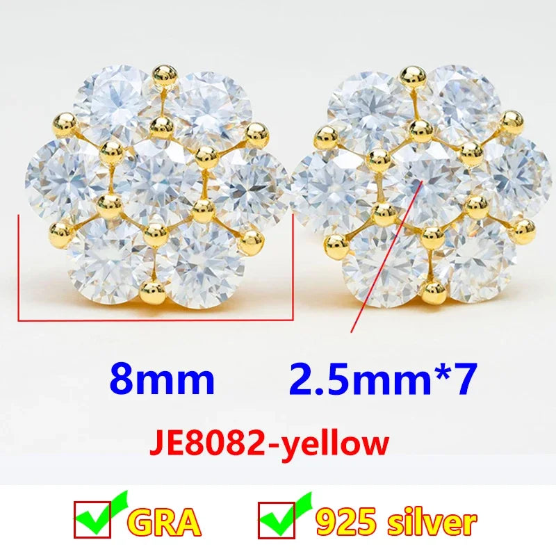 Seven-Stone Flower Moissanite Cluster Stud Earrings — Gold-tone 8 mm cluster guide