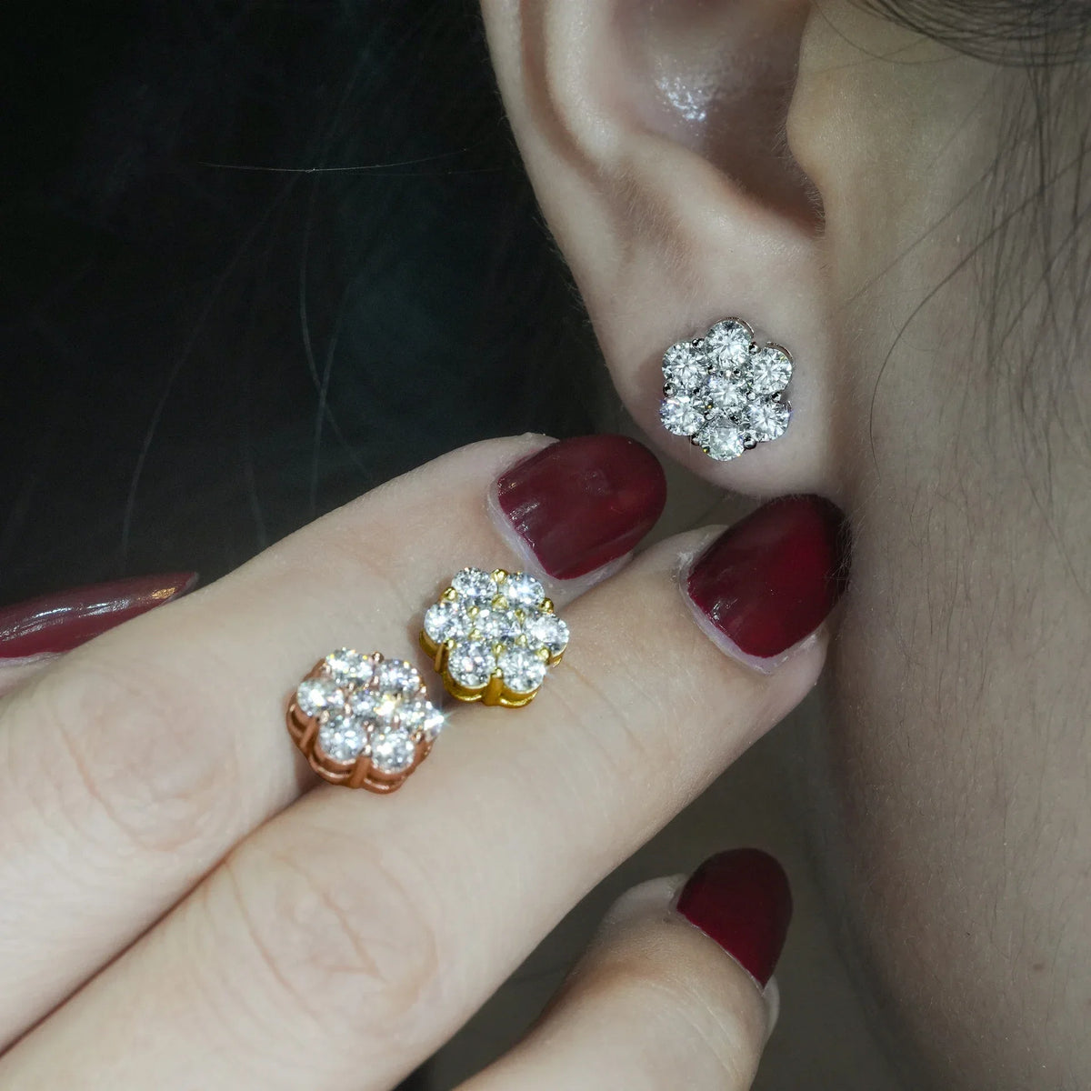 Seven-Stone Flower Moissanite Cluster Stud Earrings — Cluster studs worn