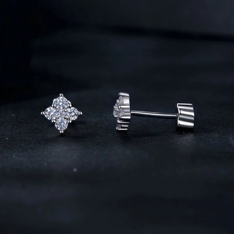 Four-Leaf Clover Moissanite Screw-Back Stud Earrings - Clover front and post