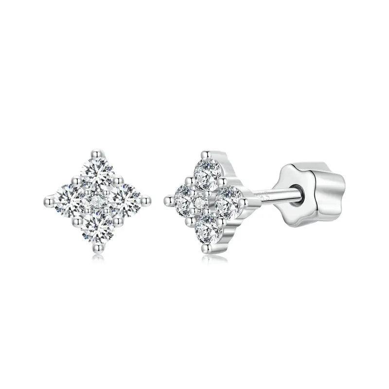 Four-Leaf Clover Moissanite Screw-Back Stud Earrings - Clover cluster pair