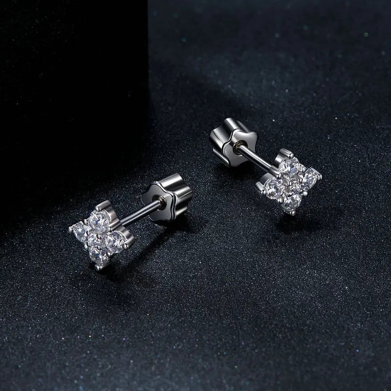 Four-Leaf Clover Moissanite Screw-Back Stud Earrings - Cluster settings angled view