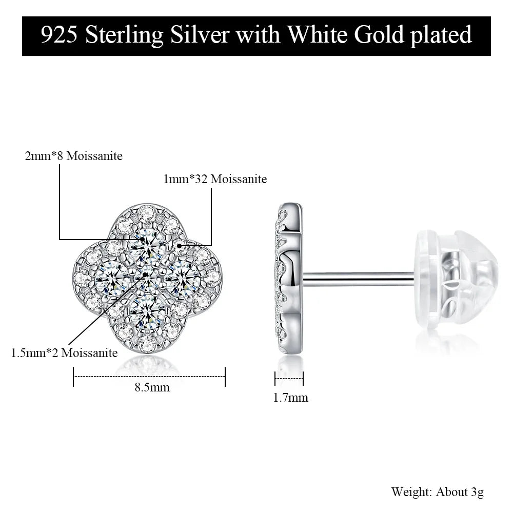 Clover Cluster Moissanite Stud Earrings in Sterling Silver — 8.5mm clover and stone dimensions
