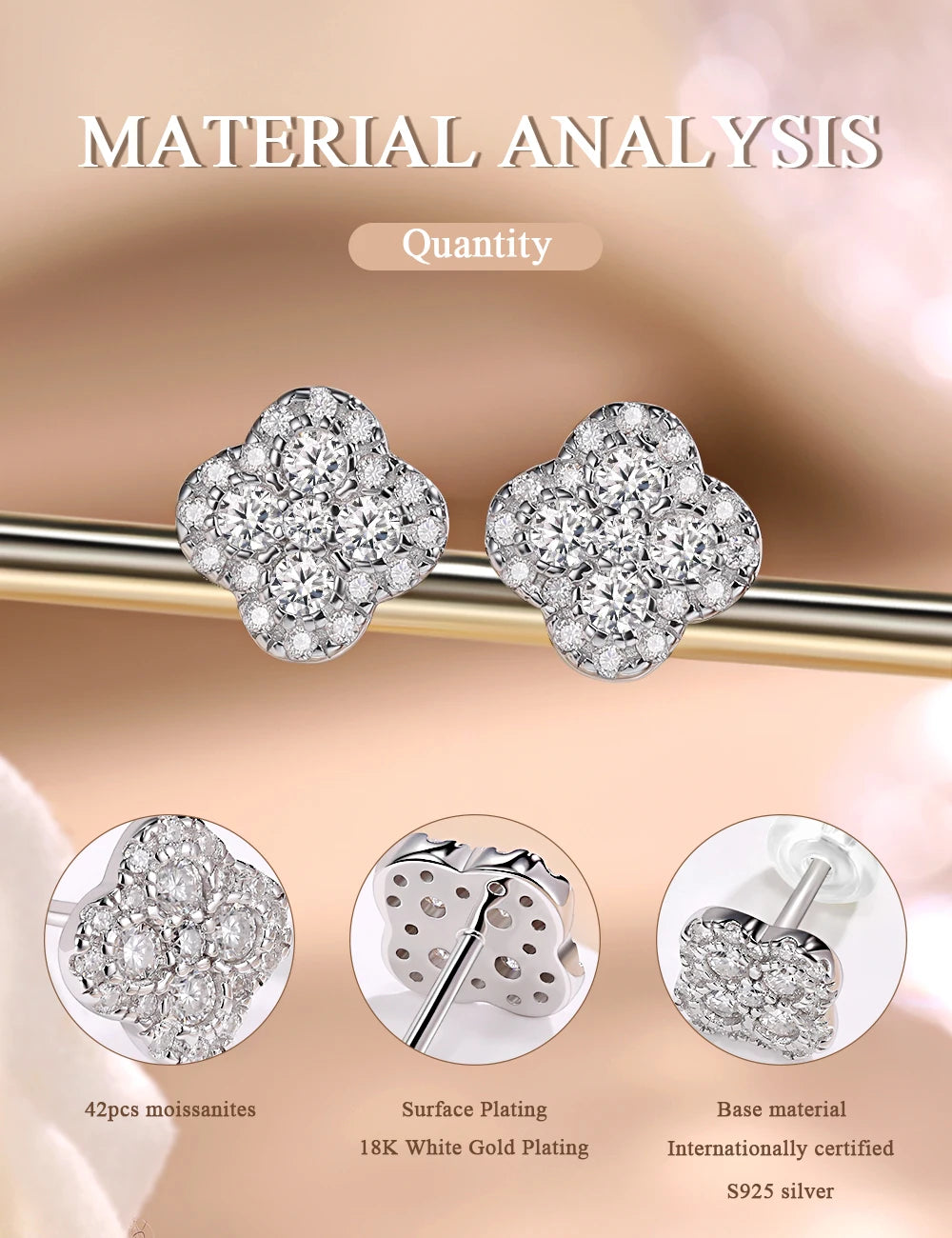 Clover Cluster Moissanite Stud Earrings in Sterling Silver — Stone cluster and metal information
