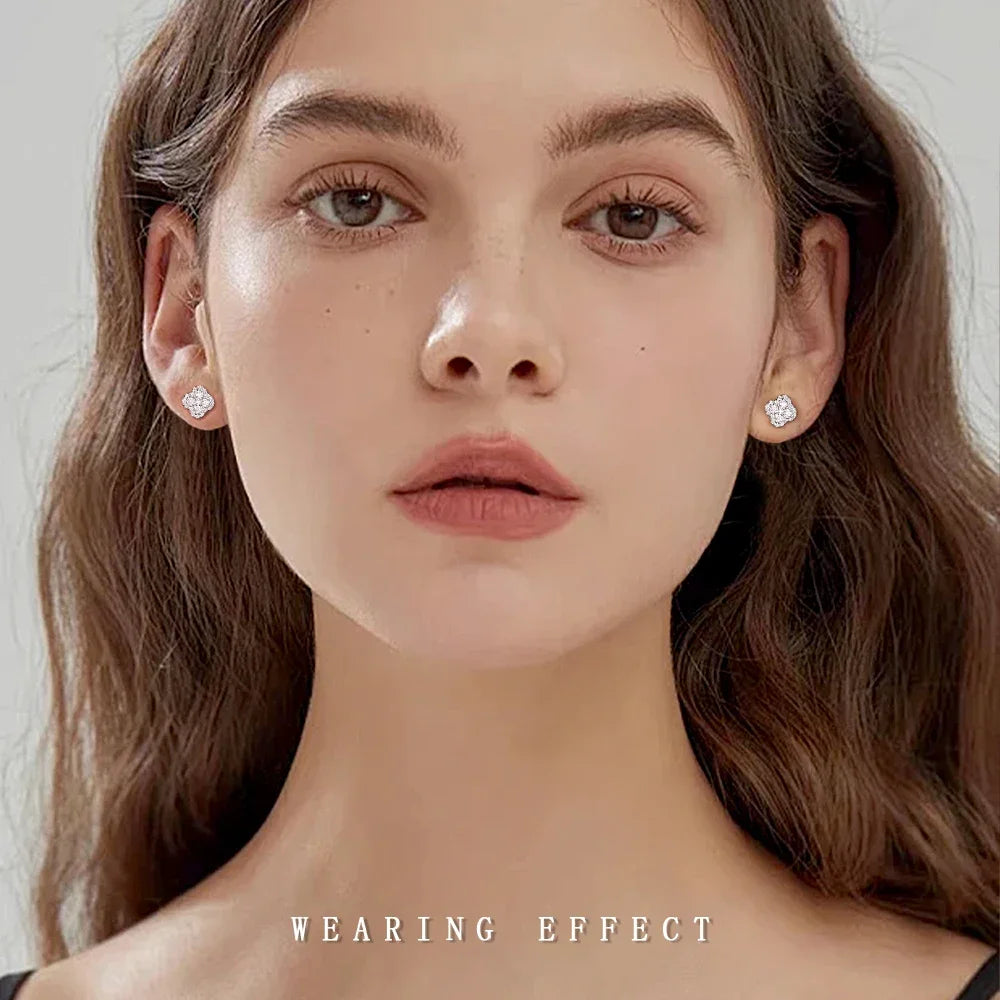 Clover Cluster Moissanite Stud Earrings in Sterling Silver — Clover studs worn on the ear
