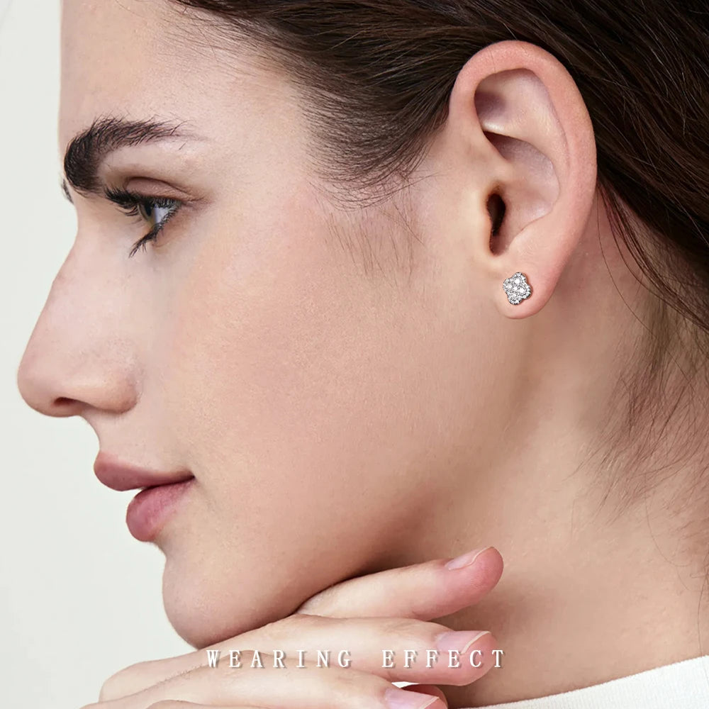 Clover Cluster Moissanite Stud Earrings in Sterling Silver — Cluster stud worn on the ear