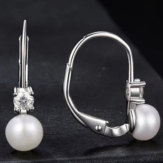 Freshwater Pearl & Moissanite Leverback Earrings - Silver leverback profile