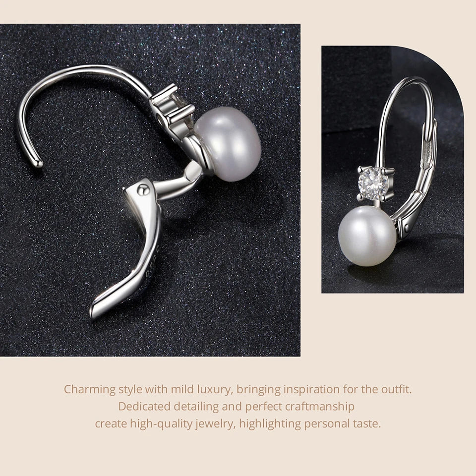 Freshwater Pearl & Moissanite Leverback Earrings - Open hinged leverback and pearl