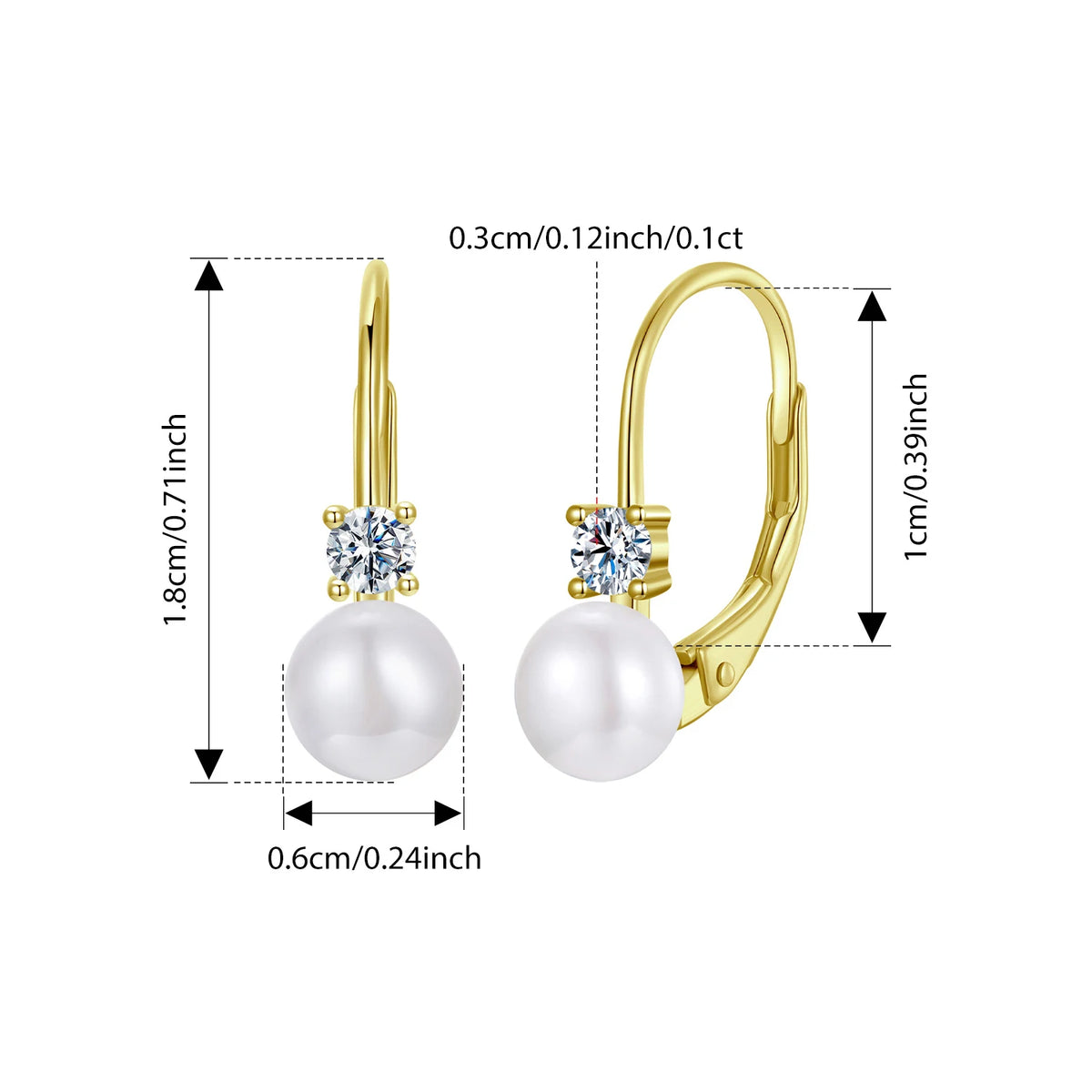 Freshwater Pearl & Moissanite Leverback Earrings - Gold-tone earring dimensions