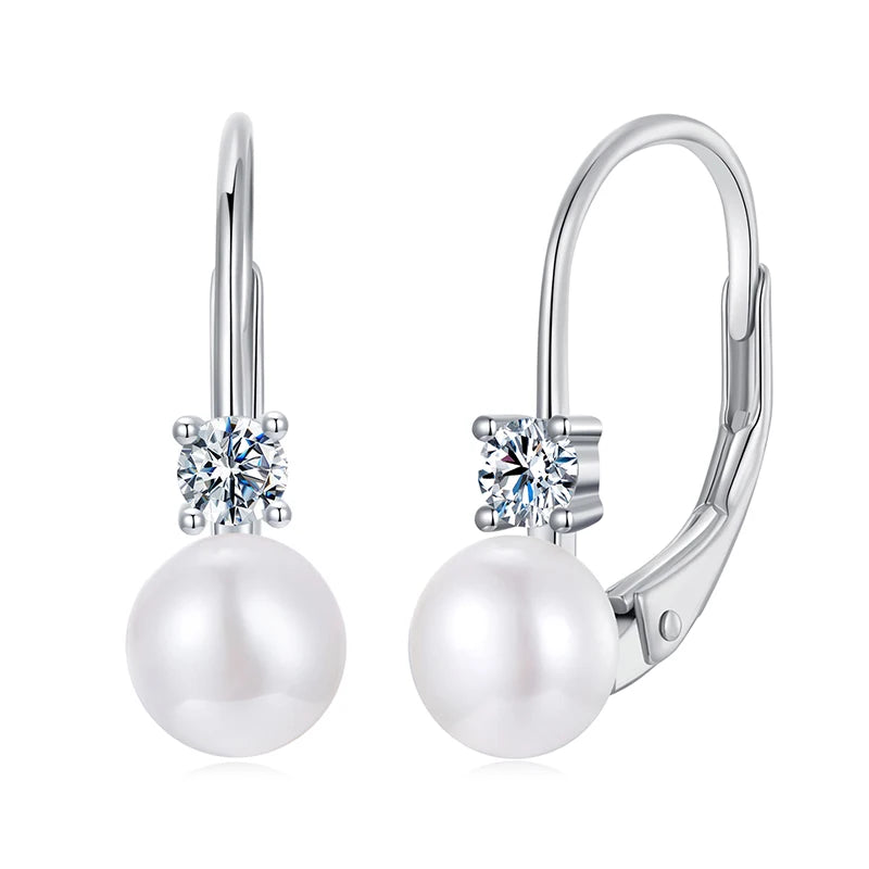 Freshwater Pearl & Moissanite Leverback Earrings - Silver pearl pair