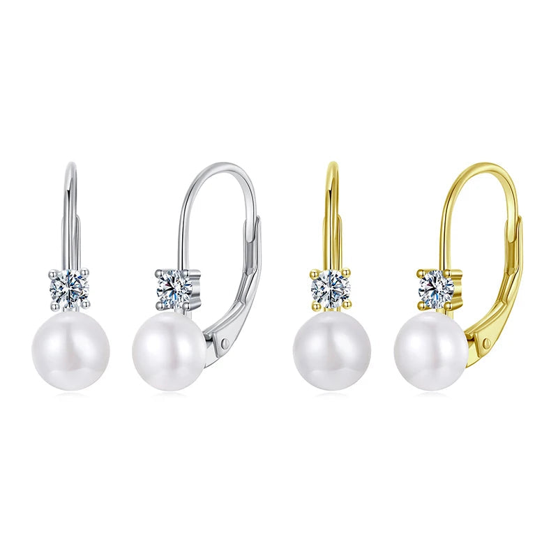Freshwater Pearl & Moissanite Leverback Earrings - Silver and gold-tone pearl earrings