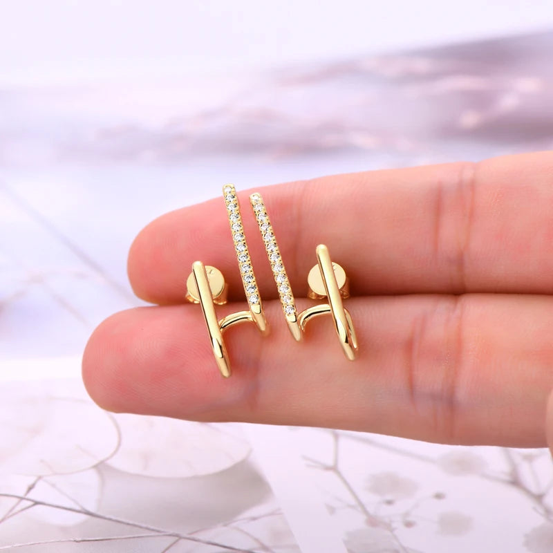 Geometric Double-Bar Moissanite Stud Earrings in Silver — Gold-tone pair on hand
