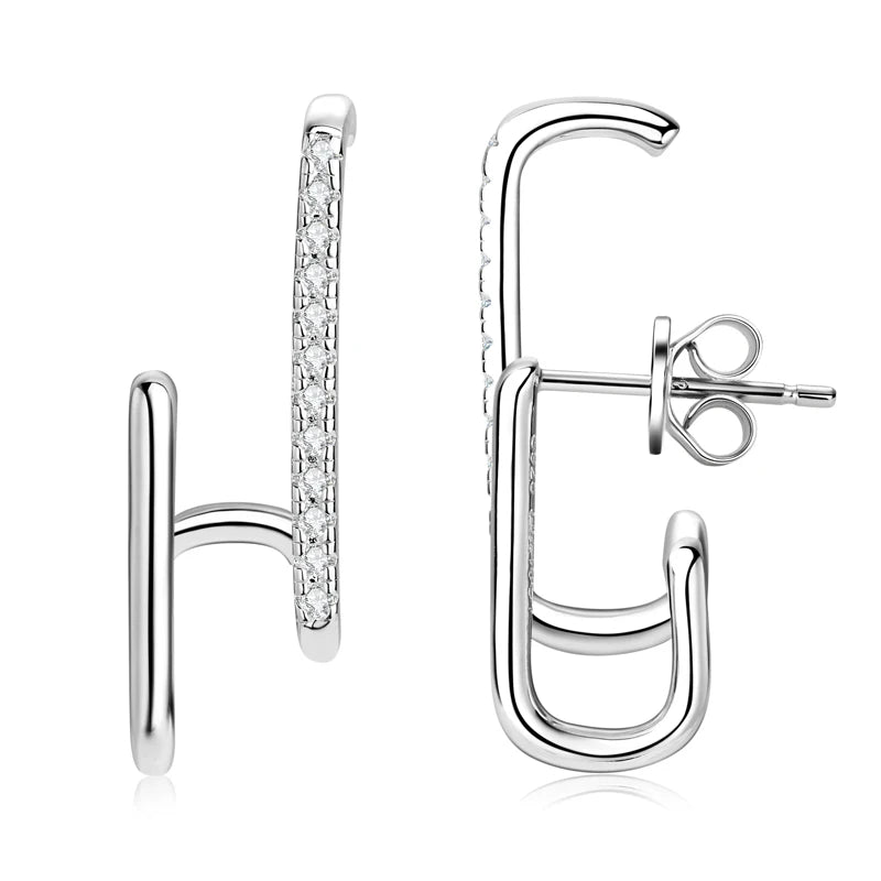 Geometric Double-Bar Moissanite Stud Earrings in Silver — Silver front and side