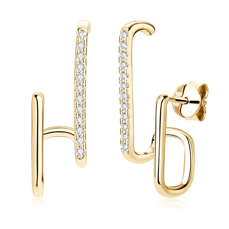 Geometric Double-Bar Moissanite Stud Earrings in Silver — Gold-tone front and side