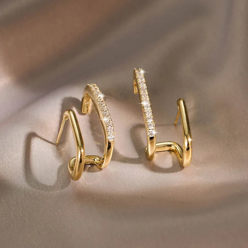 Geometric Double-Bar Moissanite Stud Earrings in Silver — Gold-tone angled profile