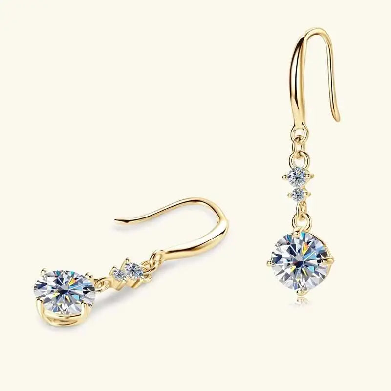 Colorful Moissanite Hook Drop Earrings in Sterling Silver — Gold-Tone hooks with White stones