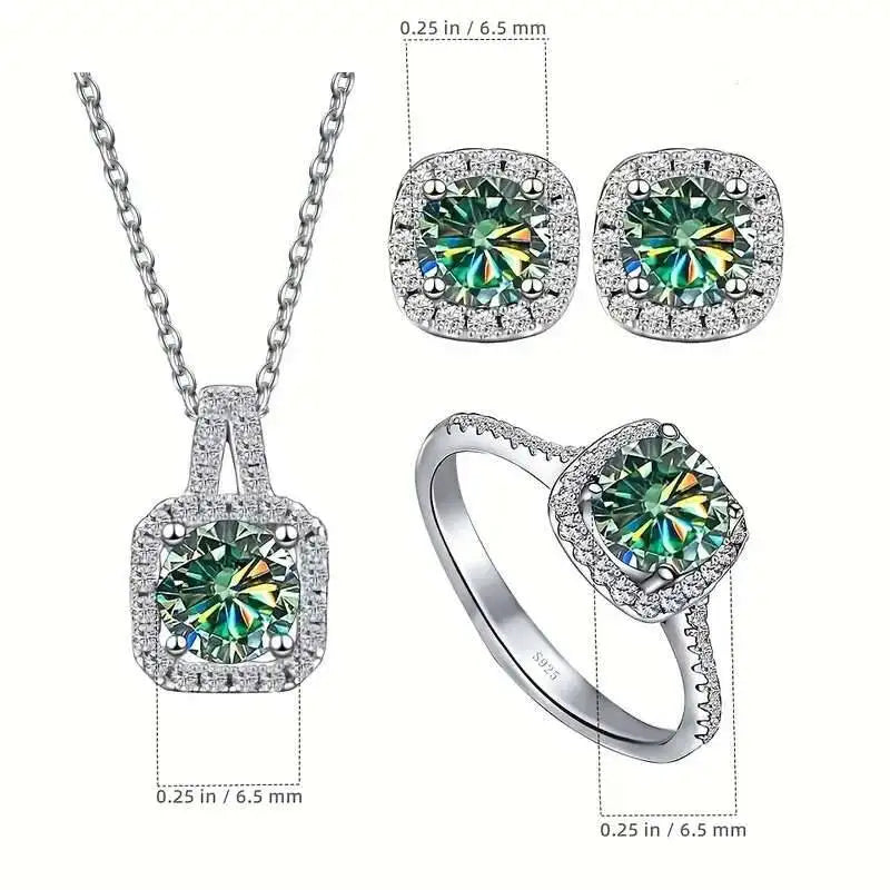 Cushion Halo Moissanite Ring, Stud Earrings & Necklace Set — Round 6.5mm centers in cushion frames