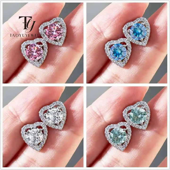 Colorful Heart Halo Moissanite Stud Earrings in Sterling Silver