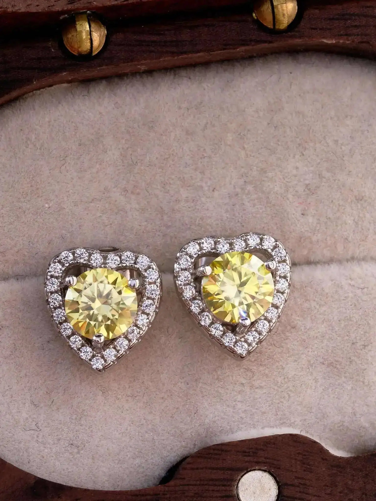 Colorful Heart Halo Moissanite Stud Earrings in Sterling Silver — Lemon Yellow