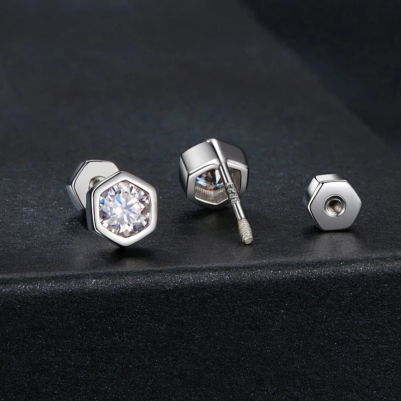 Moissanite Hexagon Bezel Screw-Back Stud Earrings — Screw-back closure detail — BandsCo Straps