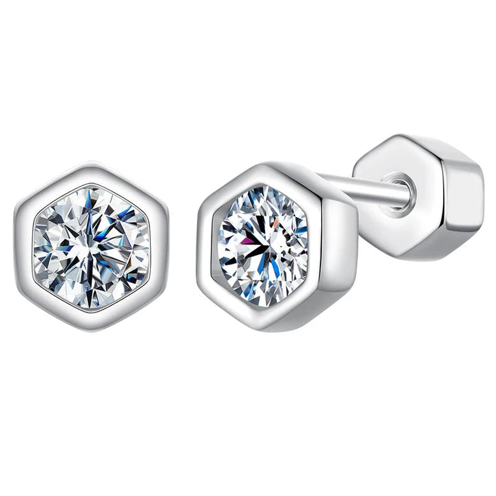 Moissanite Hexagon Bezel Screw-Back Stud Earrings