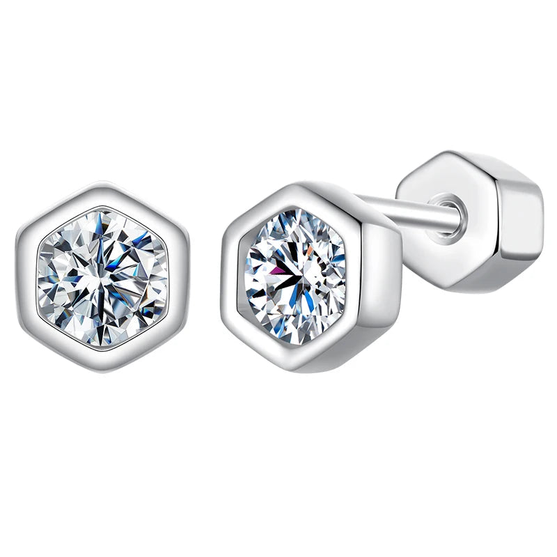 Moissanite Hexagon Bezel Screw-Back Stud Earrings — Hexagon bezel studs — BandsCo Straps