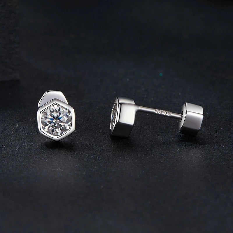 Moissanite Hexagon Bezel Screw-Back Stud Earrings — Screw-back posts side view — BandsCo Straps