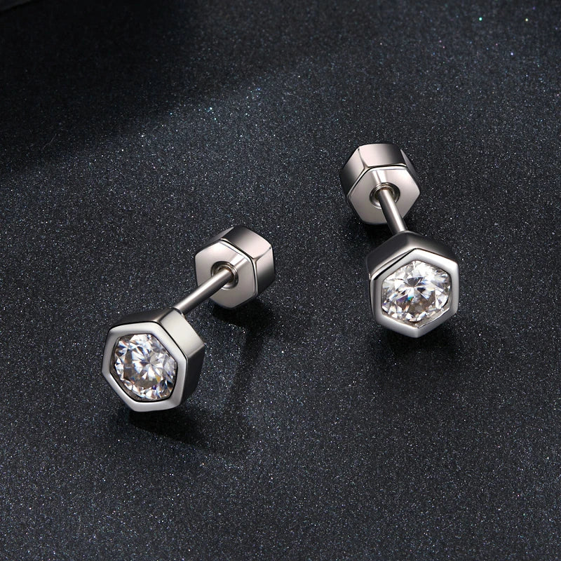 Moissanite Hexagon Bezel Screw-Back Stud Earrings — Hexagon stud pair — BandsCo Straps