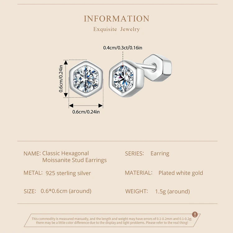 Moissanite Hexagon Bezel Screw-Back Stud Earrings — Setting and stone dimensions — BandsCo Straps