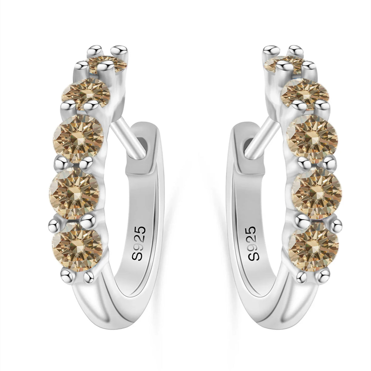 Colorful Five-Stone Moissanite Hoop Earrings in Sterling Silver — Champagne stone comparison