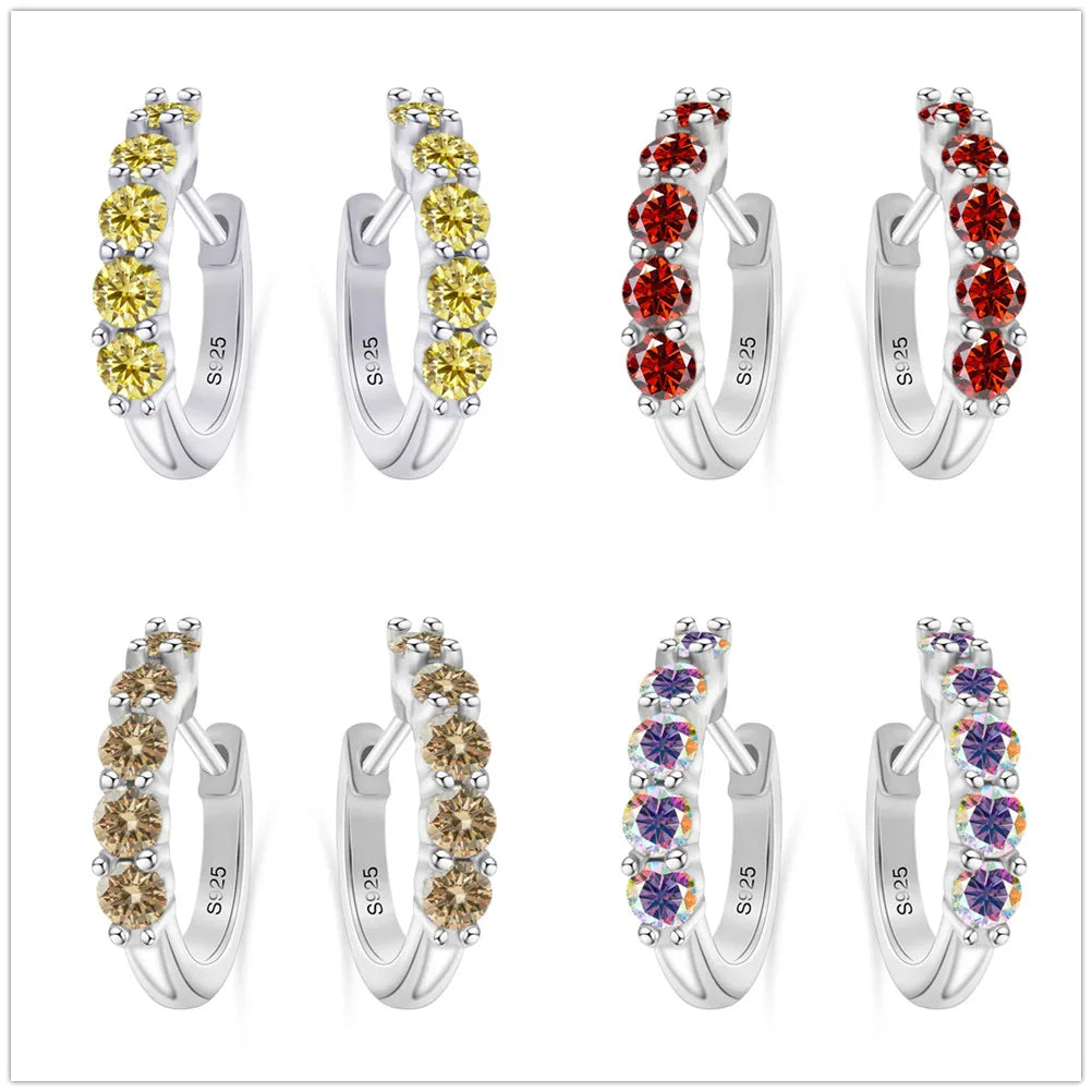 Colorful Five-Stone Moissanite Hoop Earrings in Sterling Silver — Four stone colors compared