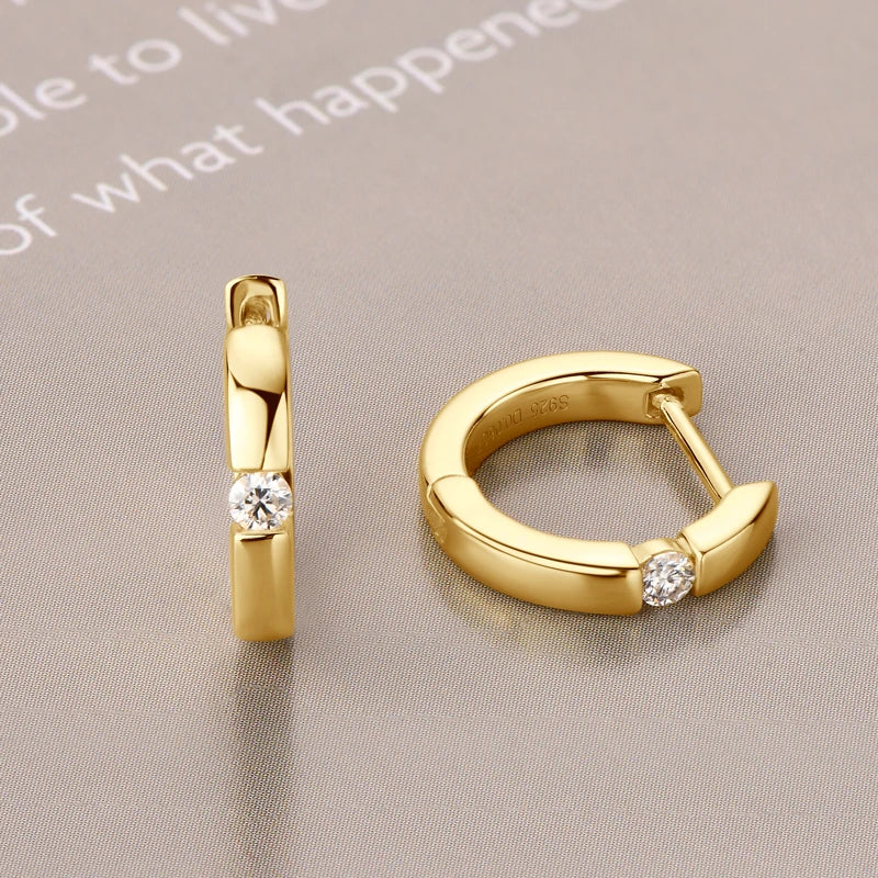 Minimalist Moissanite Hoop Earrings in Sterling Silver — Gold-Tone stone detail