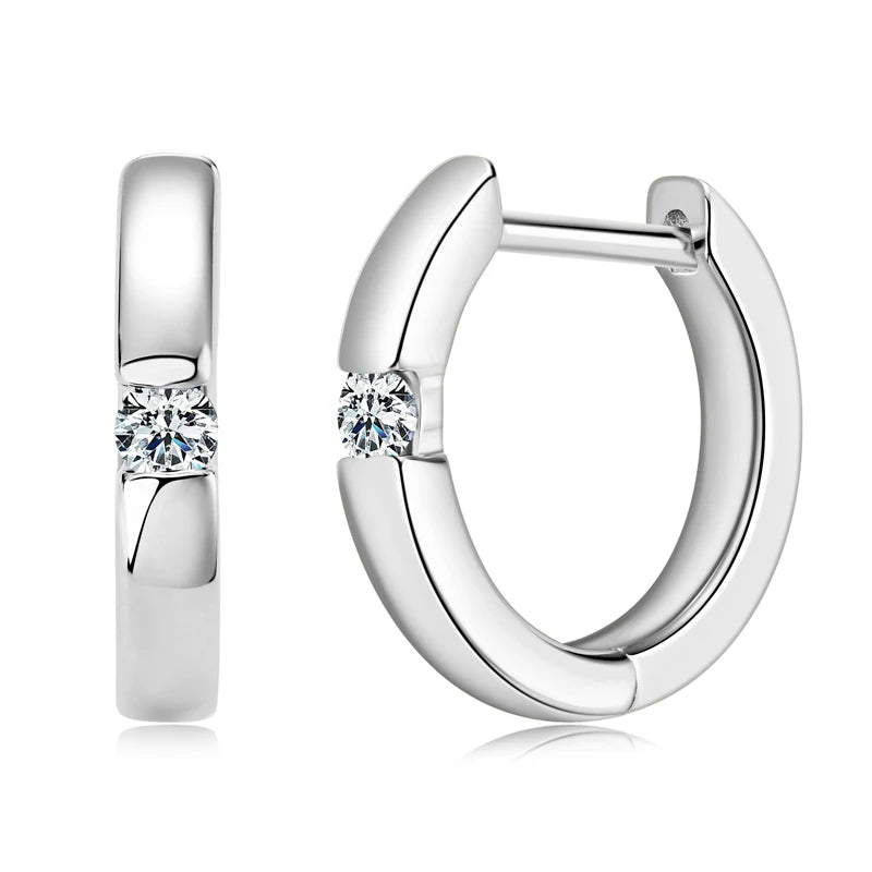 Minimalist Moissanite Hoop Earrings in Sterling Silver — Silver hoop front and side