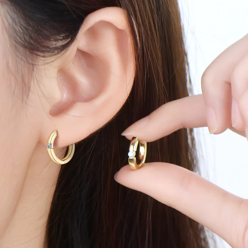 Minimalist Moissanite Hoop Earrings in Sterling Silver — Gold-Tone hoops worn on the ear