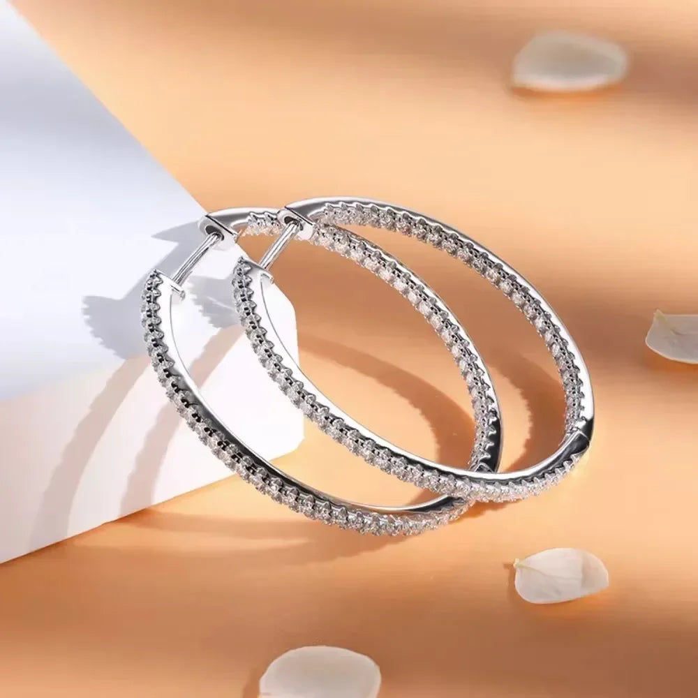 Moissanite Hoop Earrings in Sterling Silver - 30mm or 50mm — Hoops angled view — BandsCo Straps