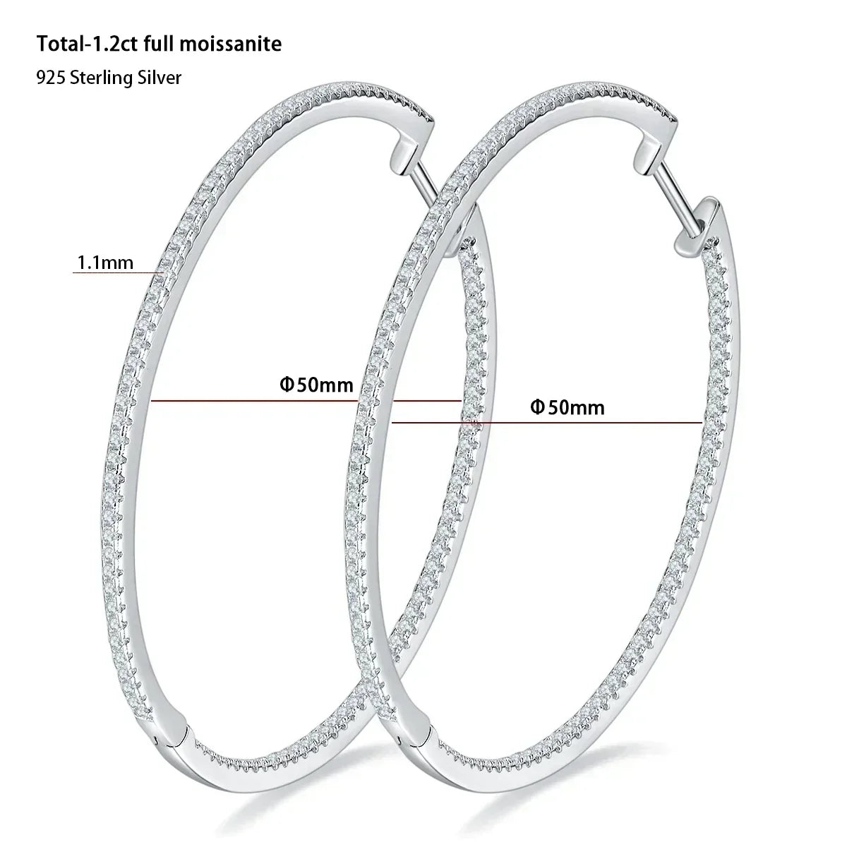 Moissanite Hoop Earrings in Sterling Silver - 30mm or 50mm — 50mm — BandsCo Straps