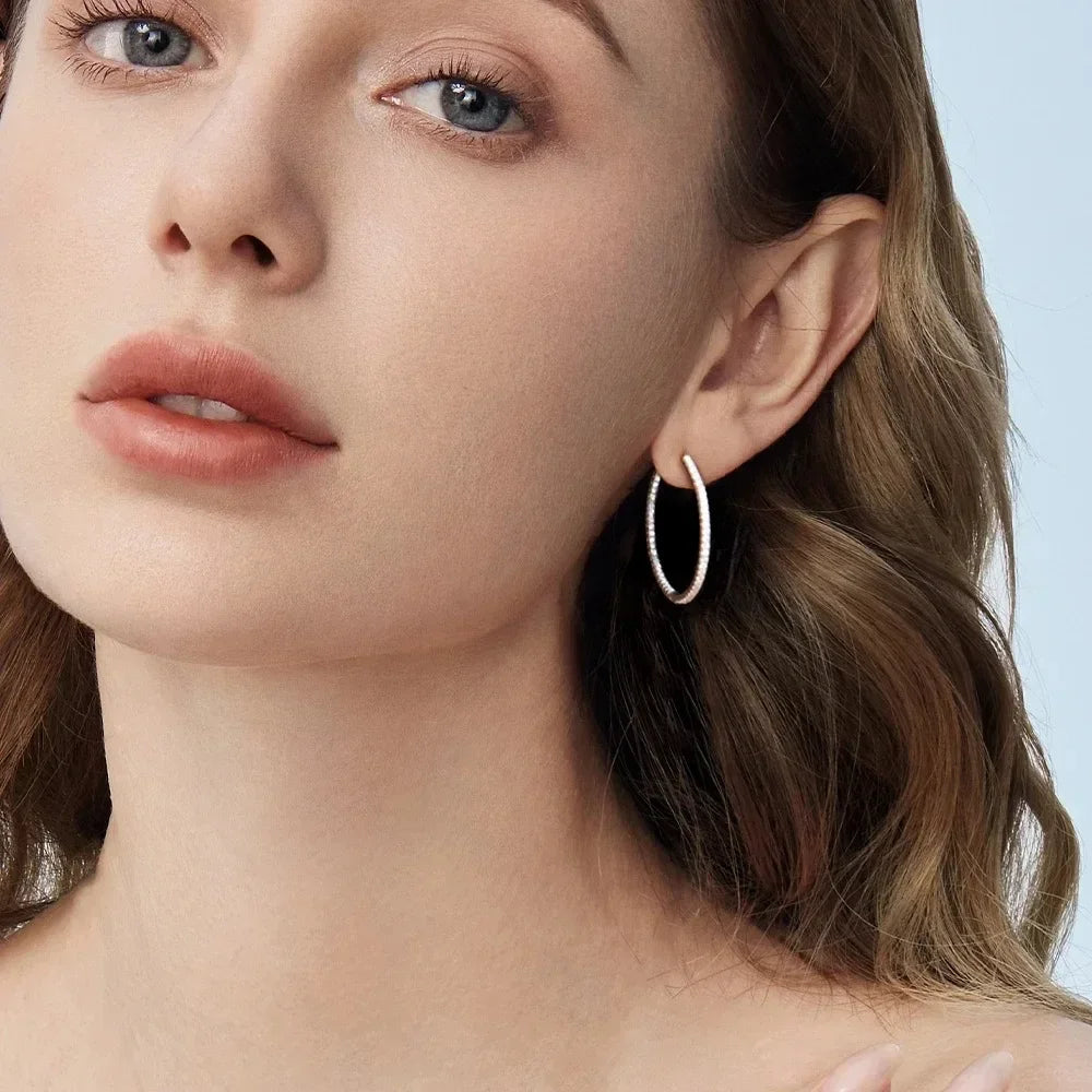 Moissanite Hoop Earrings in Sterling Silver - 30mm or 50mm — Small hoops worn on ear — BandsCo Straps