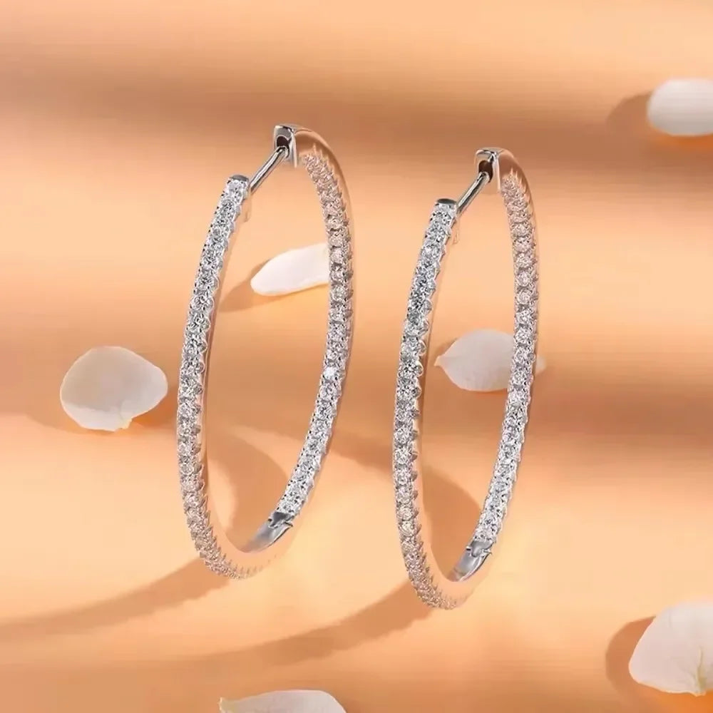 Moissanite Hoop Earrings in Sterling Silver - 30mm or 50mm — Moissanite hoops displayed — BandsCo Straps