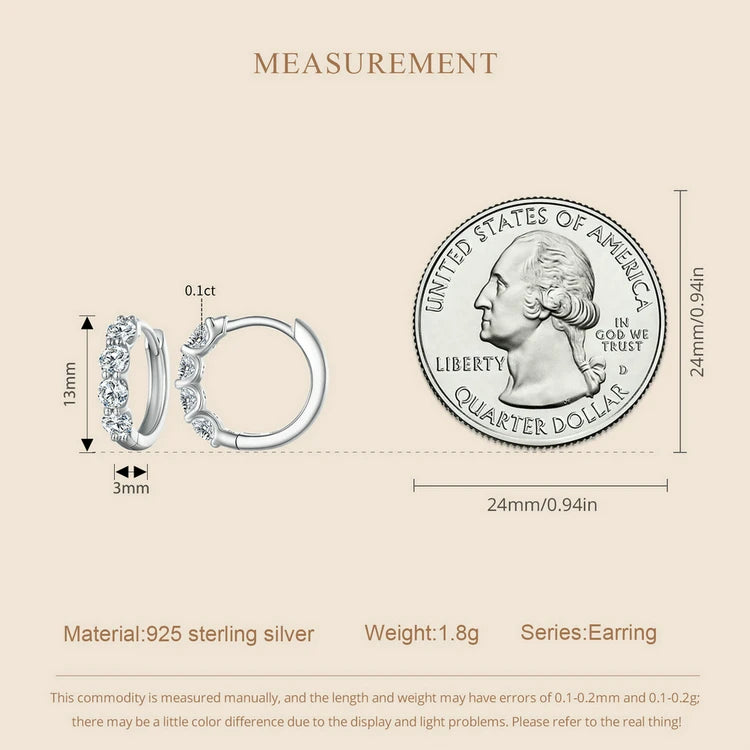 Moissanite Row Huggie Hoop Earrings in Sterling Silver - Scale comparison with coin