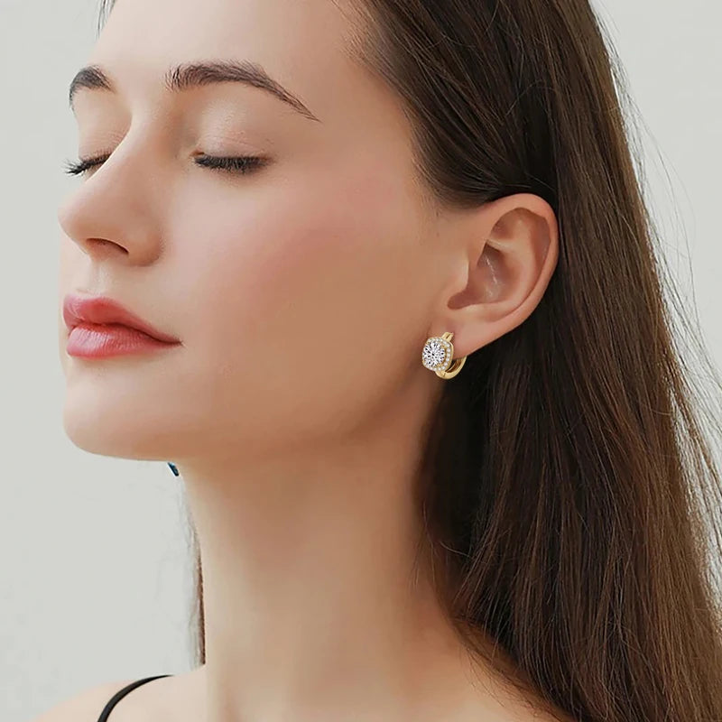 Cushion Halo Moissanite Huggie Earrings in Sterling Silver — Hoops worn on the ear