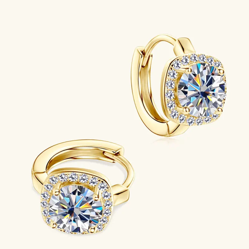Cushion Halo Moissanite Huggie Earrings in Sterling Silver — Gold-Tone hoops, angled view