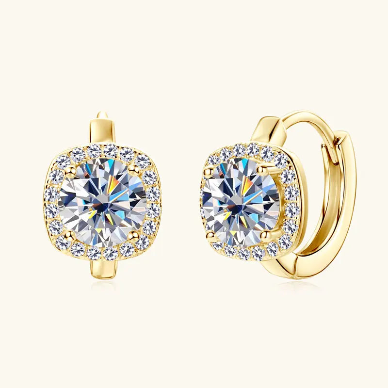 Cushion Halo Moissanite Huggie Earrings in Sterling Silver — Gold-Tone halo fronts
