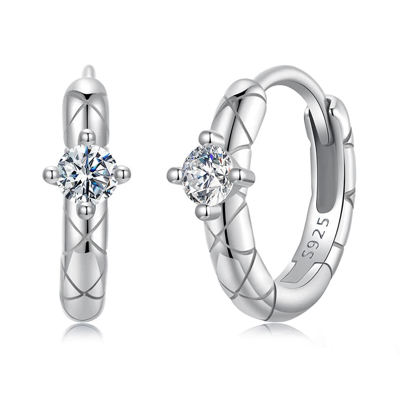 Crosshatch Moissanite Hoop Earrings in Sterling Silver — Silver crosshatch hoops