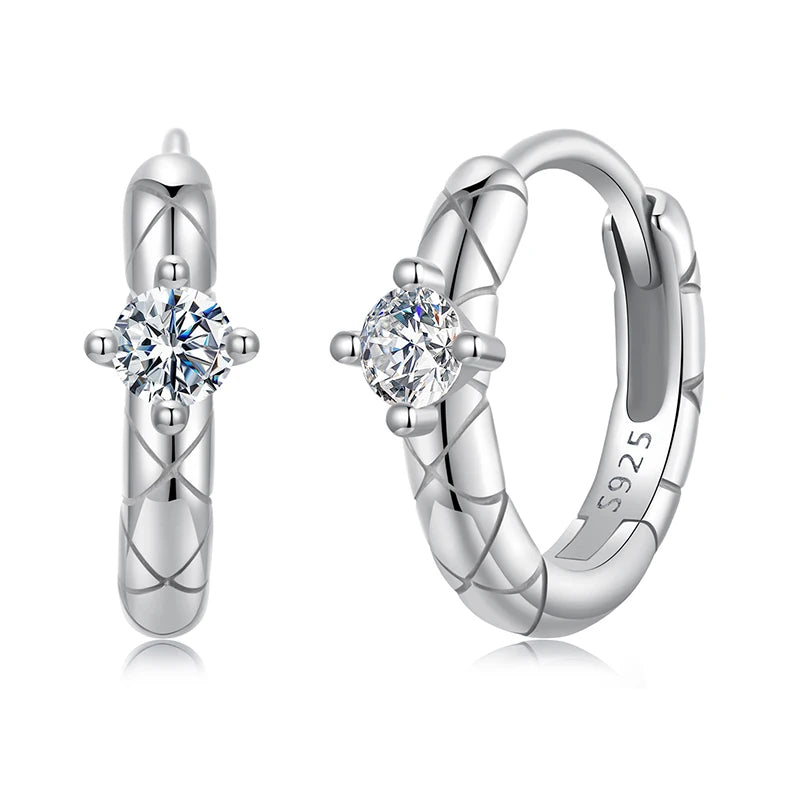 Crosshatch Moissanite Hoop Earrings in Sterling Silver — Silver hoops with round center stones