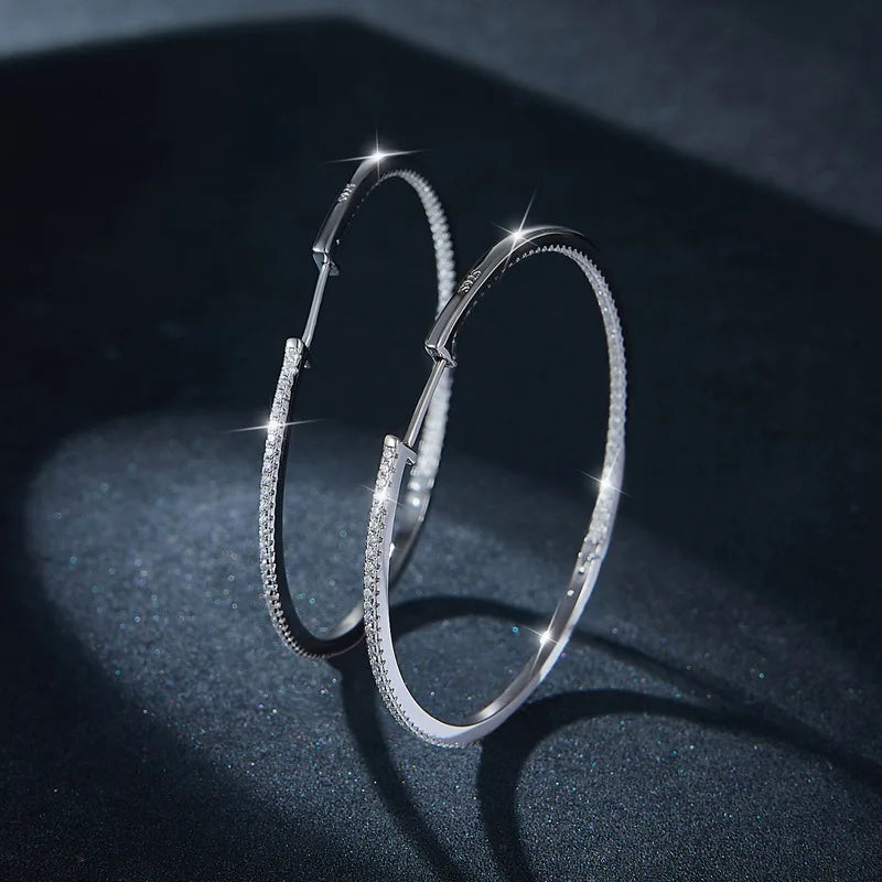 Moissanite Hoop Earrings in Sterling Silver - 30mm or 50mm — Large moissanite hoop pair — BandsCo Straps